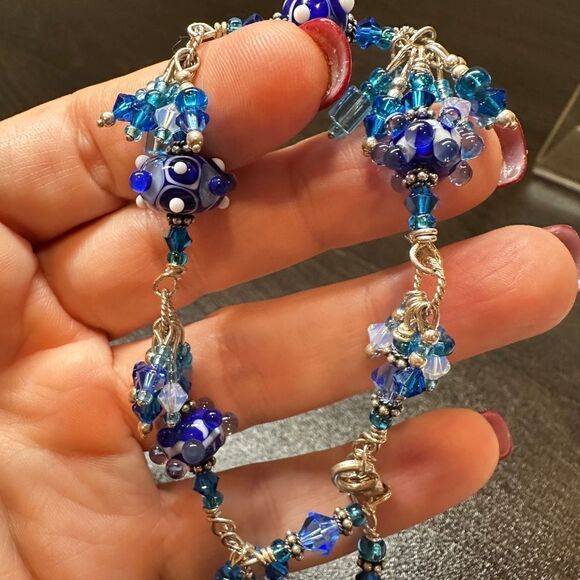 Vintage blue hand-blown glass and sterling silver bracelet, pendant bundle! - Picture 3 of 16